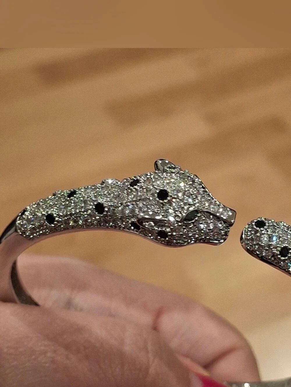 Elegant Silver Diamond Leopard Head Bangle Bracelet - Picture 2 of 6